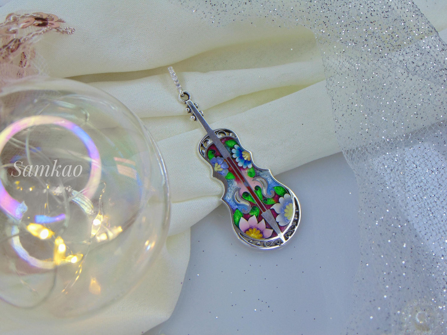 Violin pendant,Cello Pendant,Georgian Cloisonne Enamel,Fine Silver,Violin Brooch,Musical Instrument Jewelry,Gift For Musician