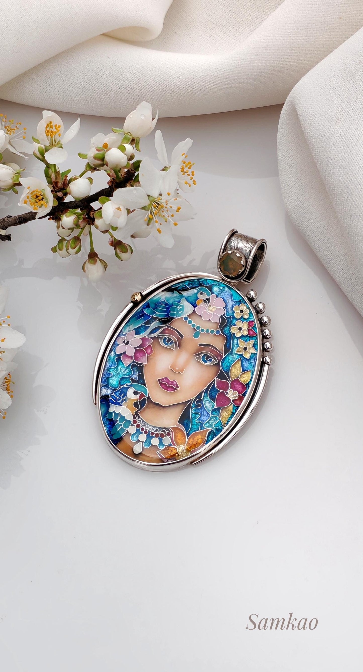 Magic Fairy with blue hair, Flower fairy necklace, Cloisonne enamel jewelry, Sterling silver,Opal,Parrot necklace