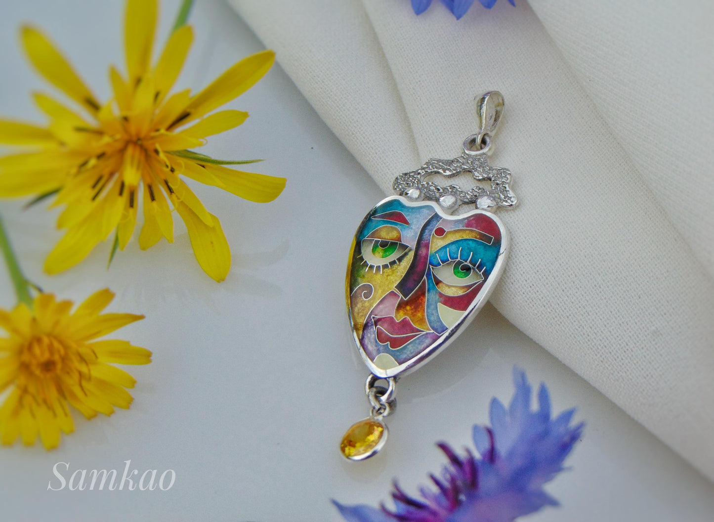 Colorful Cloisonné Enamel Pendant,Abstract Face Jewelry,Handmade Sterling Silver Necklace,Art Jewelry,Gift for Her,Unique Statement piece