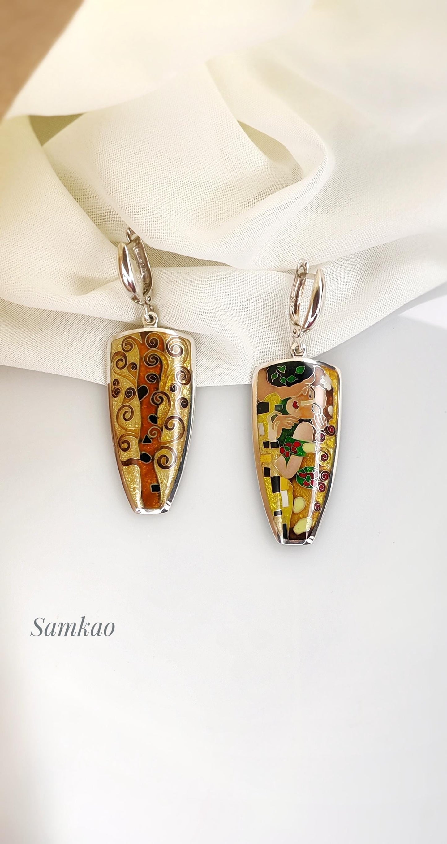 Gustav Klimt ,The kiss jewelry , Earrings with Art,Cloisonne enamel jewelry, Sterling silver 999, Gift for her