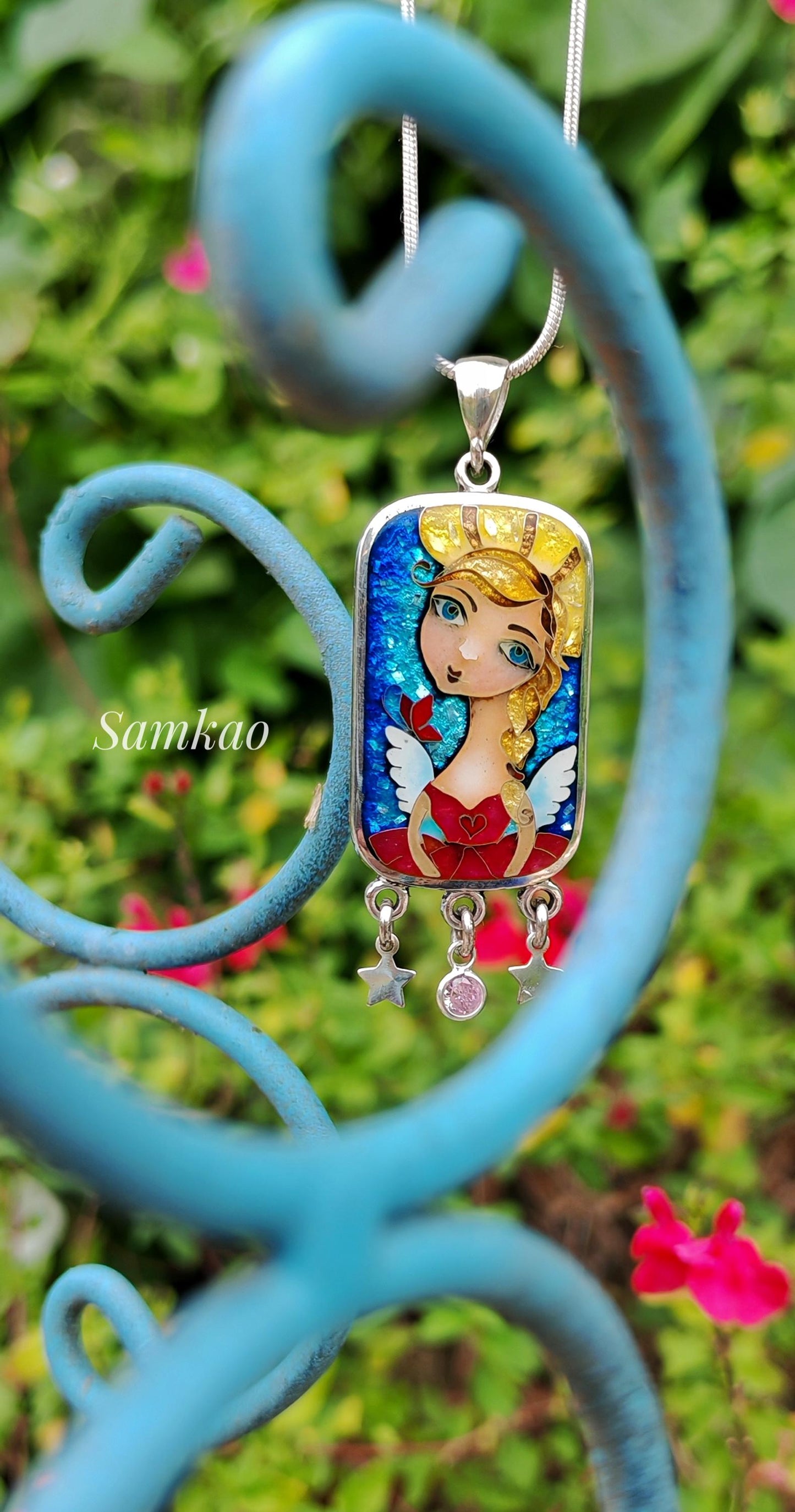 Angel pendant,Georgian cloisonne enamel jewelry,Fine silver 999,Gift for Christmas,Vitreous enamel,