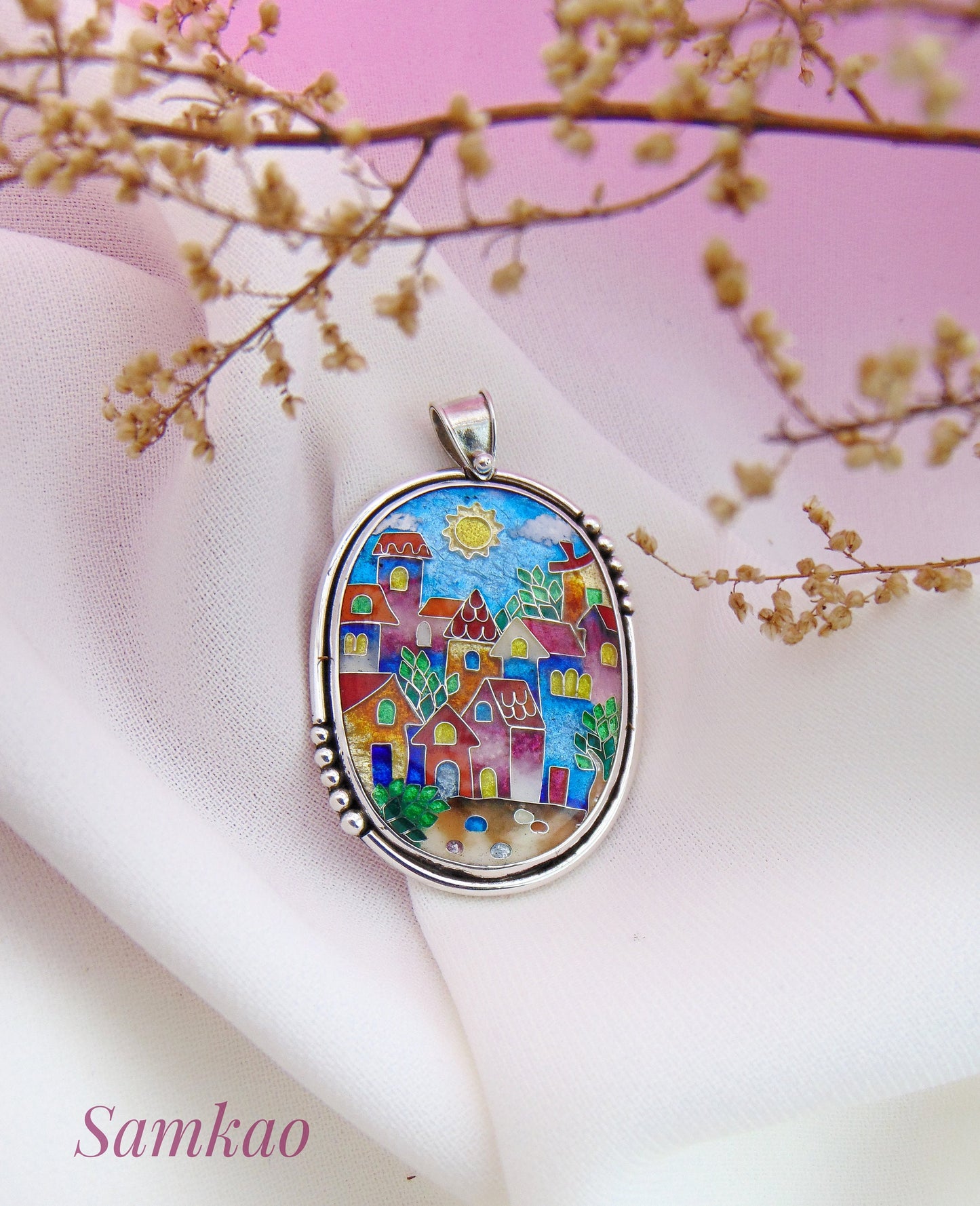 Pendant with colorful houses, Cloisonne enamel jewelry, one of a kind cloisonne enamel pendant, gift for her, Sterling silver
