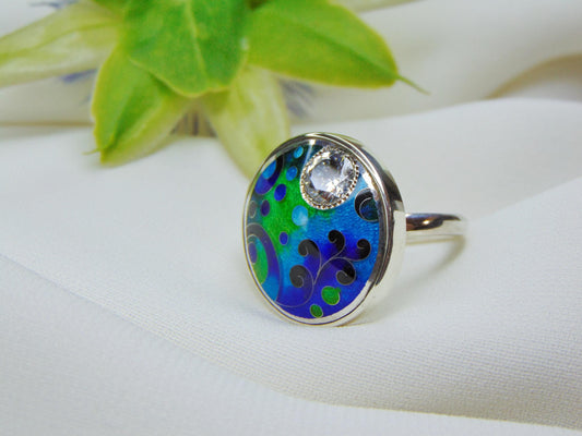 Blue and Green Cloisonné Enamel Ring with Zircon , Handmade 925 Sterling Silver Ring , Unique Artisan Jewelry ,Size 17.5