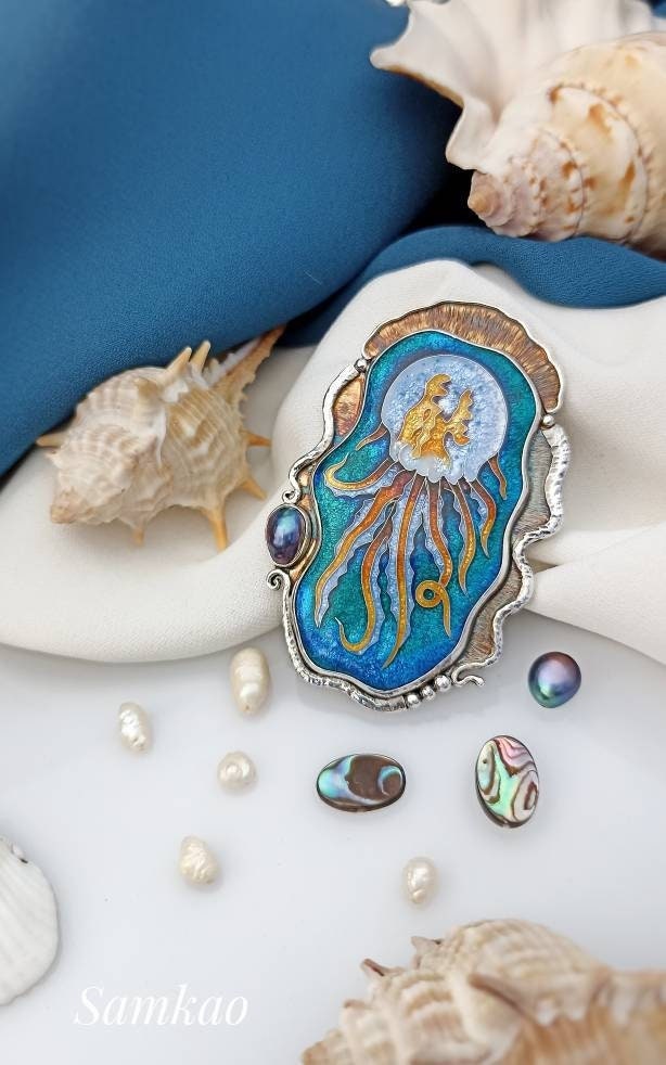 Jellyfish Brooch-pendant,Cloisonne Enamel Pendant,Handmade Sterling Silver jewelry,Sea Creatures jewelry, Mermaid jewelry,Black pearl
