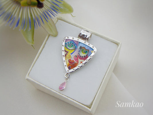 Colorful Cloisonné Enamel Pendant,Abstract Face Jewelry,Handmade Sterling Silver Necklace,Art Jewelry,Gift for Her,Unique Statement piece