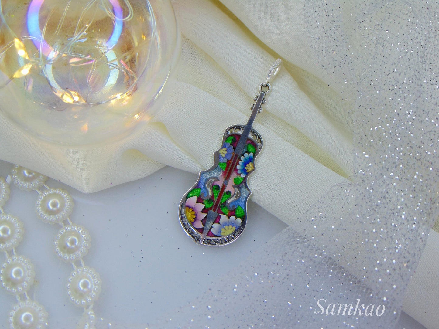 Violin pendant,Cello Pendant,Georgian Cloisonne Enamel,Fine Silver,Violin Brooch,Musical Instrument Jewelry,Gift For Musician