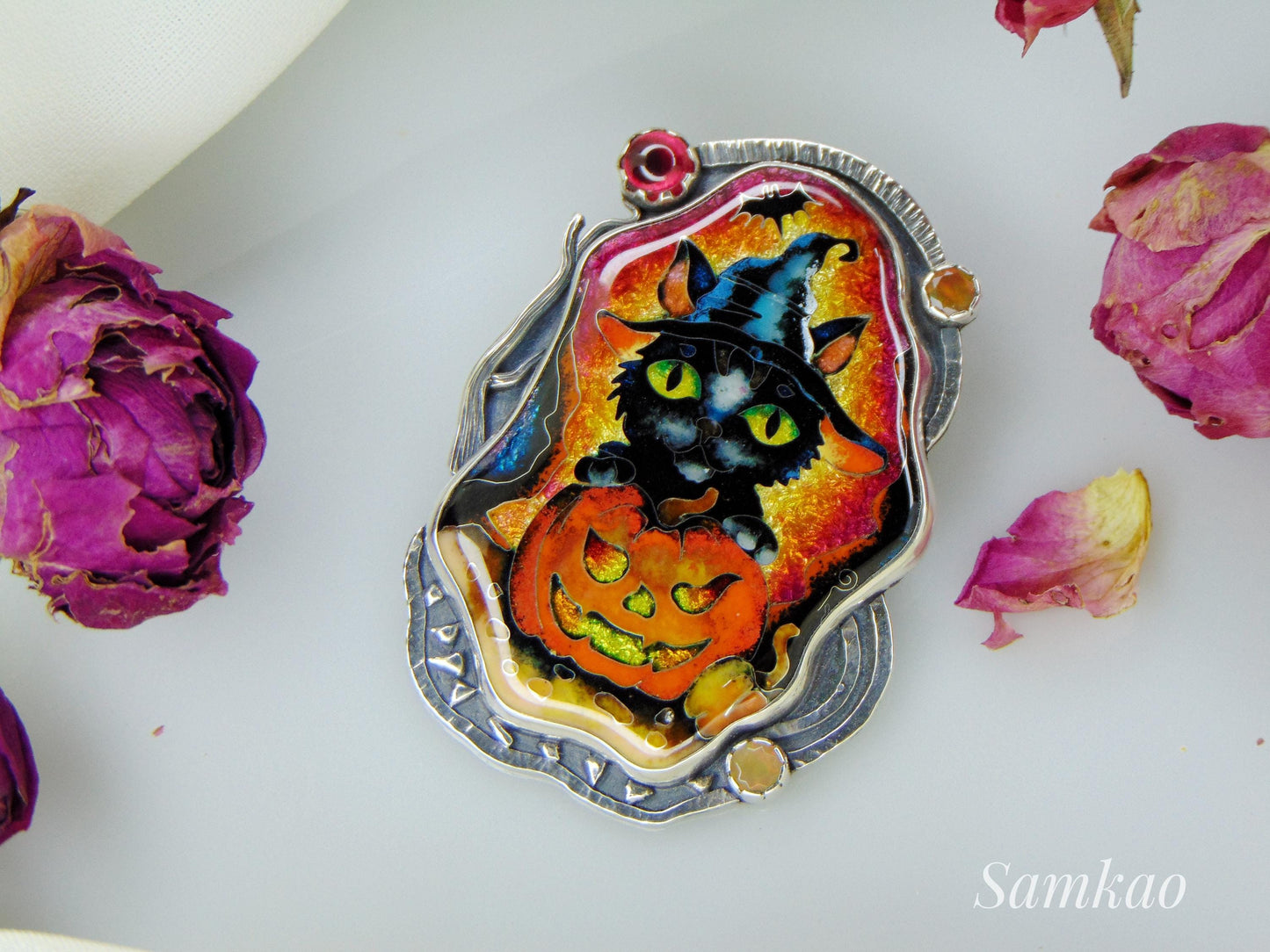 Halloween black witch cat with pumpkin, Cloisonne enamel pendant,Sterling silver, Opals,Handmade jewelry