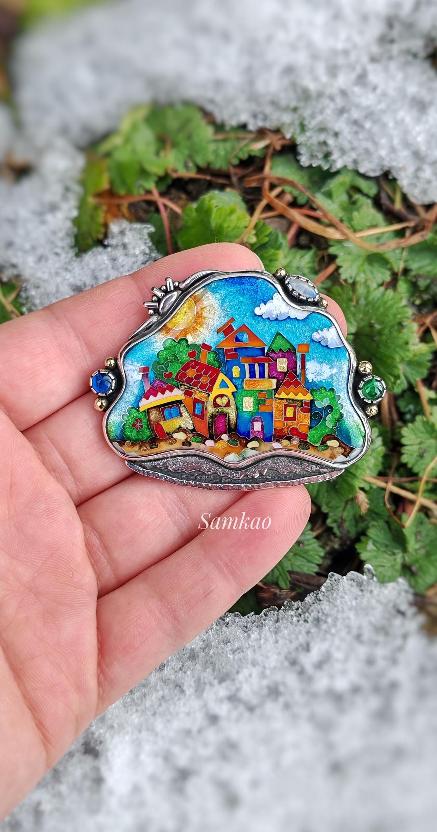 Cloisonne enamel pendant with colorful houses,Sterling silver setting,Handmade unique jewellery