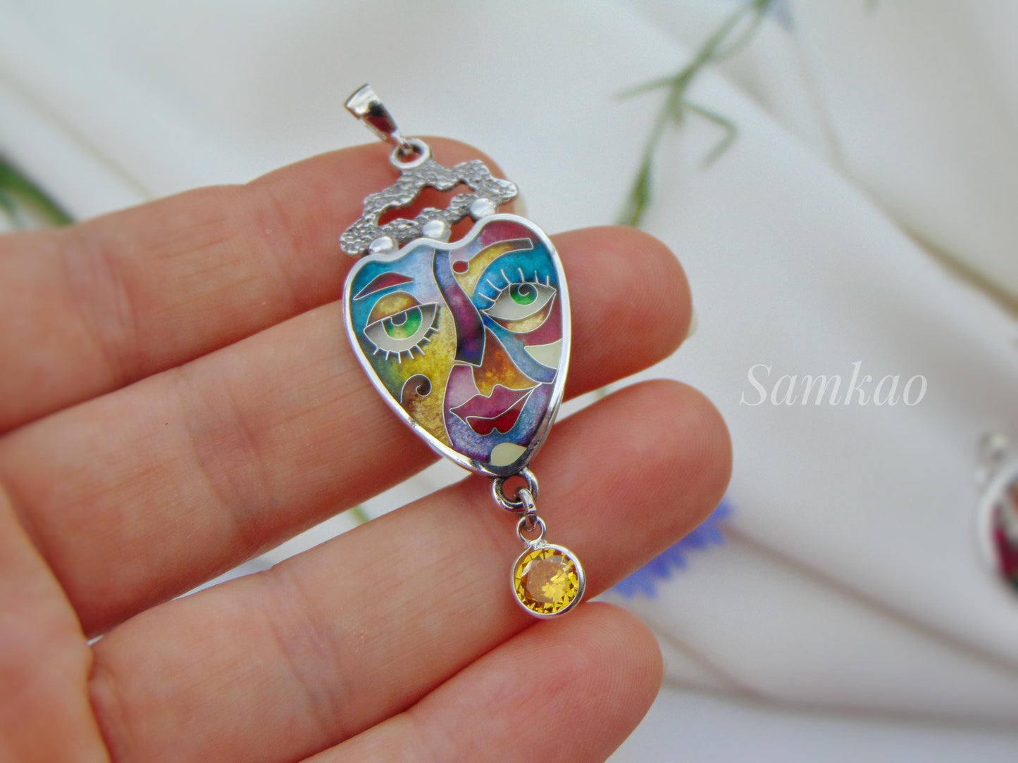 Colorful Cloisonné Enamel Pendant,Abstract Face Jewelry,Handmade Sterling Silver Necklace,Art Jewelry,Gift for Her,Unique Statement piece