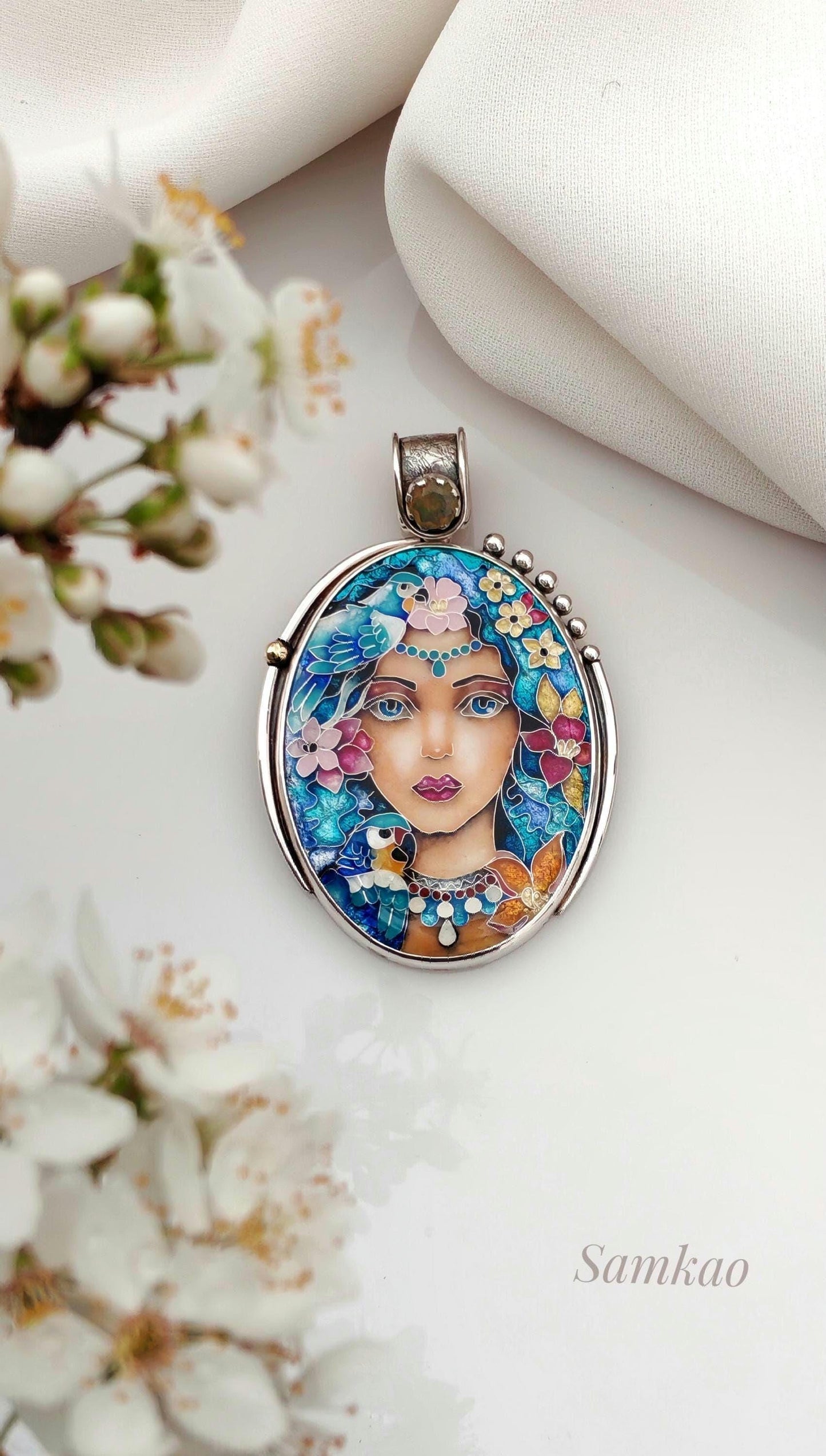 Magic Fairy with blue hair, Flower fairy necklace, Cloisonne enamel jewelry, Sterling silver,Opal,Parrot necklace