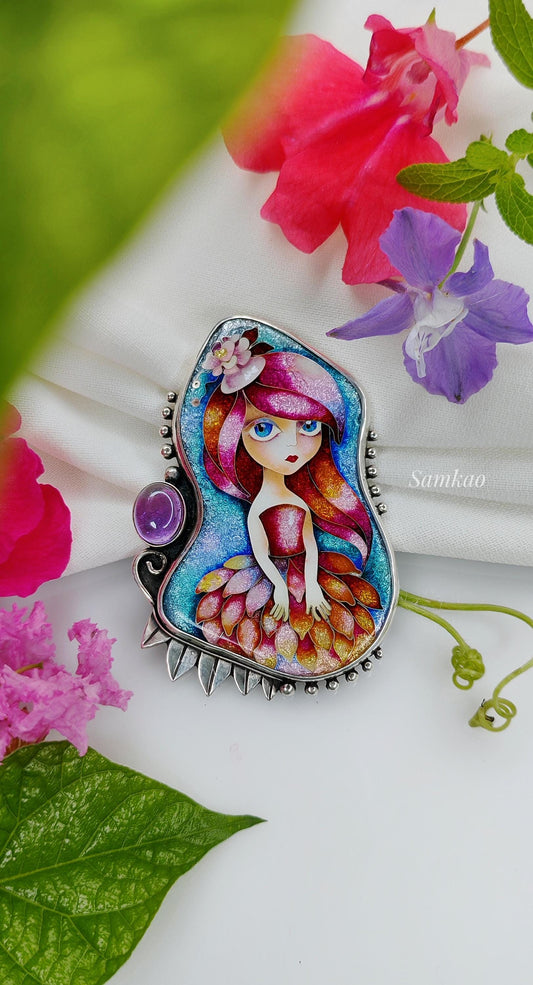 Ballerina pendant,Cloisonne enamel,Handmade jewelry,Gifts for Her,Fairy pendant,Sterling silver pendant,One of a kind,Pink ballerina pendant