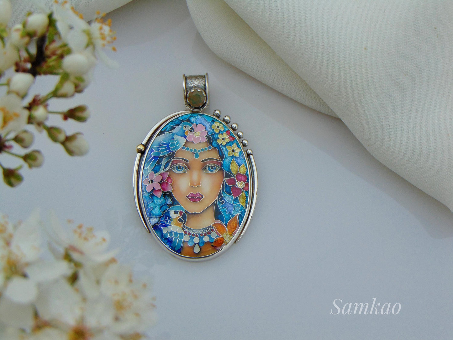 Magic Fairy with blue hair, Flower fairy necklace, Cloisonne enamel jewelry, Sterling silver,Opal,Parrot necklace
