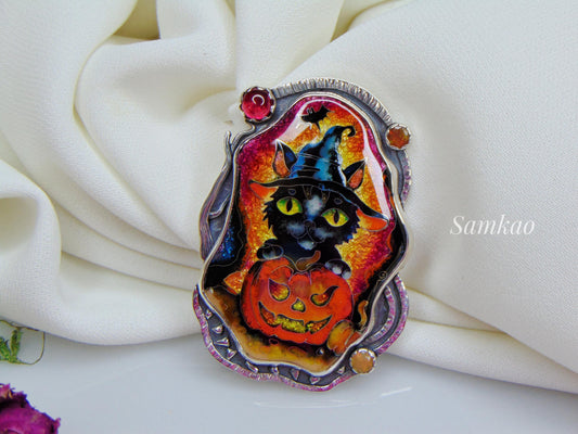 Halloween black witch cat with pumpkin, Cloisonne enamel pendant,Sterling silver, Opals,Handmade jewelry