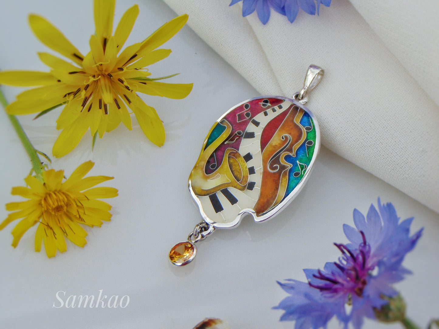 Colorful Cloisonné Enamel Pendant – Jazz Music Design | Fine & Sterling Silver | Zircon Stone