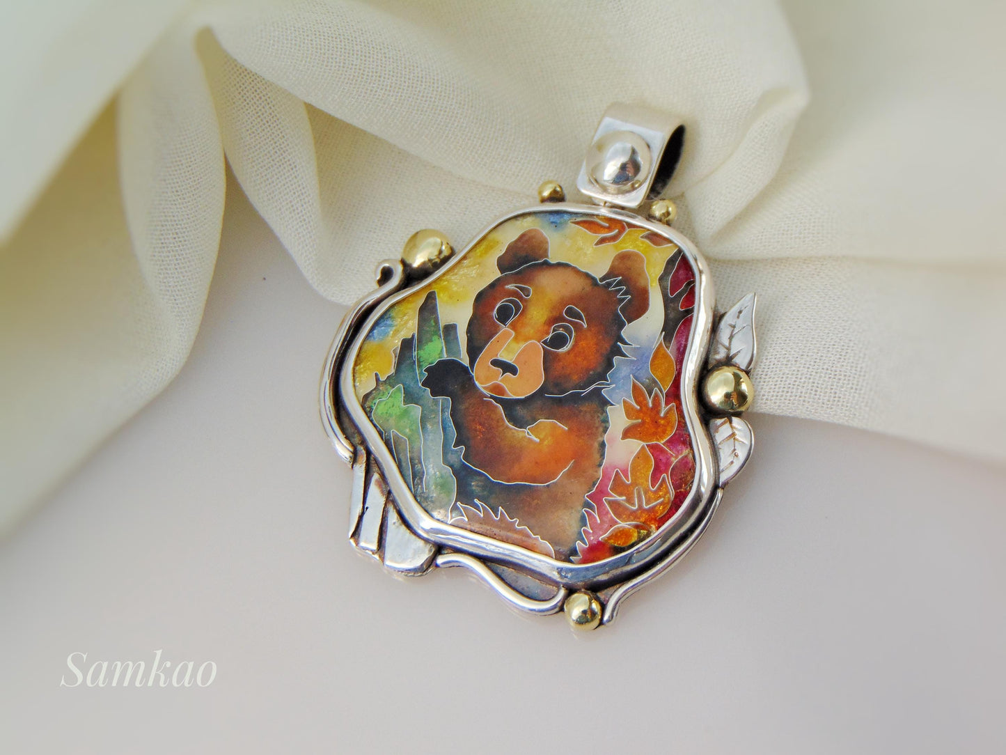 Brown bear pendant, Cloisonne enamel, Sterling silver necklace, Handmade jewelry