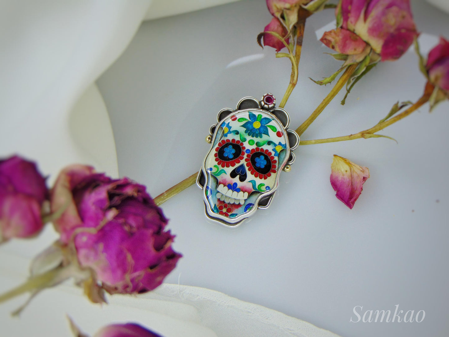 Skull pendant, Calavera skull pendant, Cloisonne enamel, Sterling silver, Sugar skull pendant