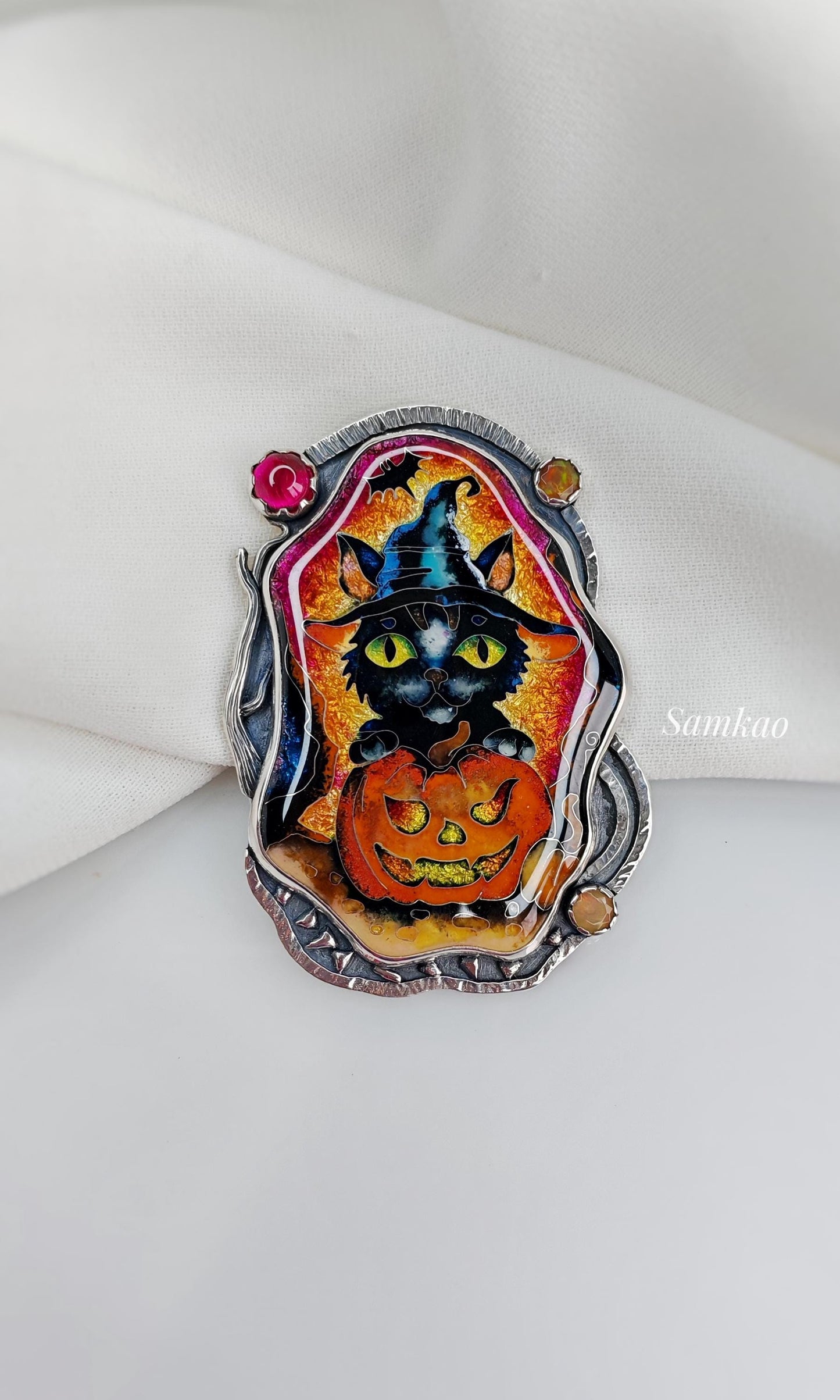 Halloween black witch cat with pumpkin, Cloisonne enamel pendant,Sterling silver, Opals,Handmade jewelry