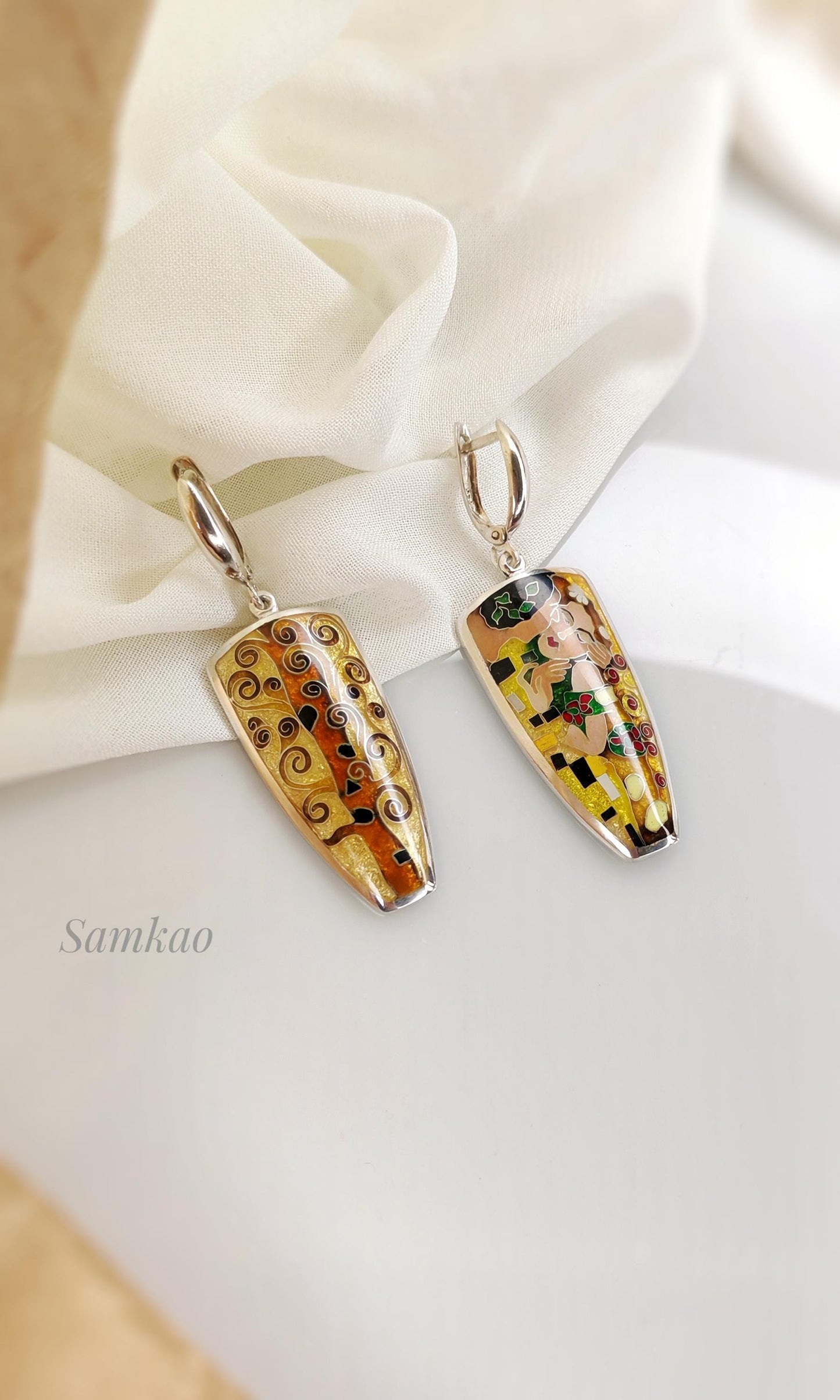 Gustav Klimt ,The kiss jewelry , Earrings with Art,Cloisonne enamel jewelry, Sterling silver 999, Gift for her