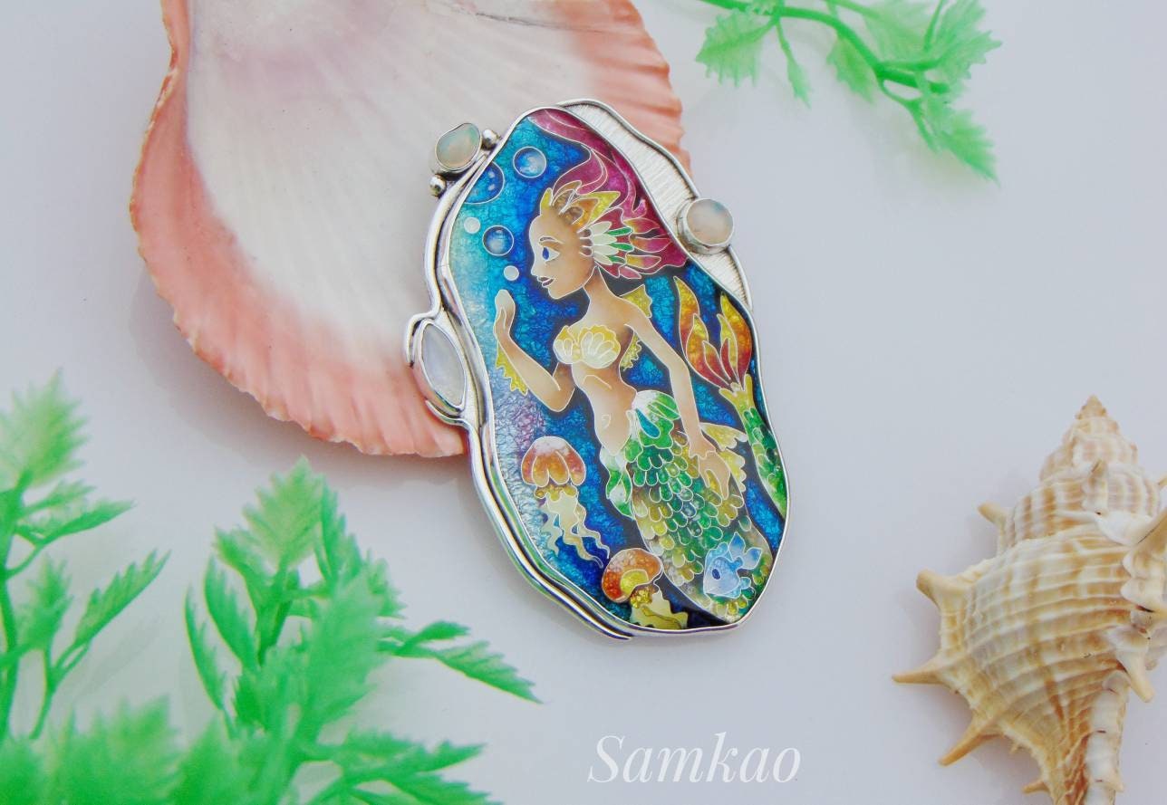 Mermaid pendant,Cloisonne enamel,Handmade jewelry,Sterling silver,Ethiopian opals,Moonstone,Ocean jewelry,Mermaid jewelry