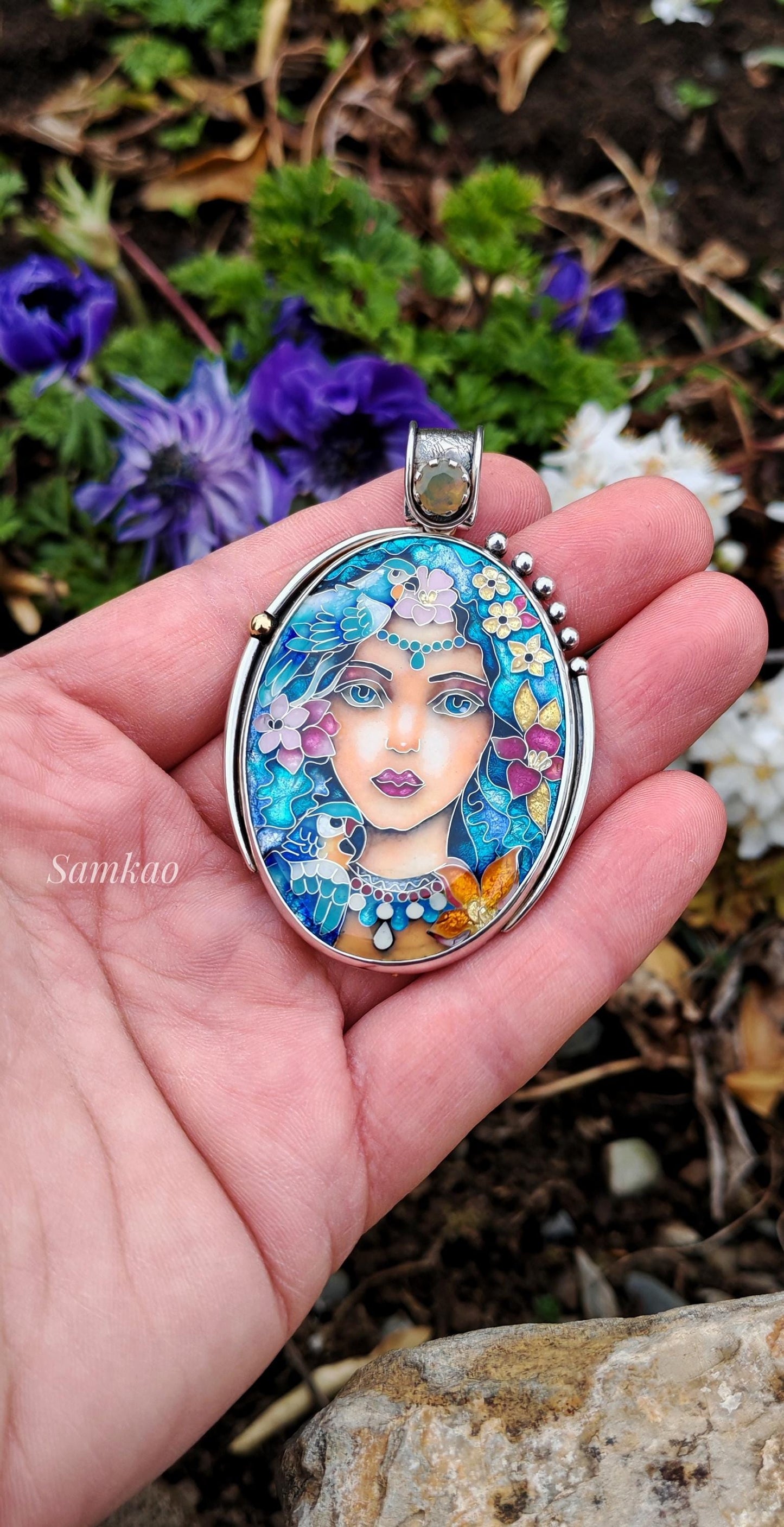 Magic Fairy with blue hair, Flower fairy necklace, Cloisonne enamel jewelry, Sterling silver,Opal,Parrot necklace