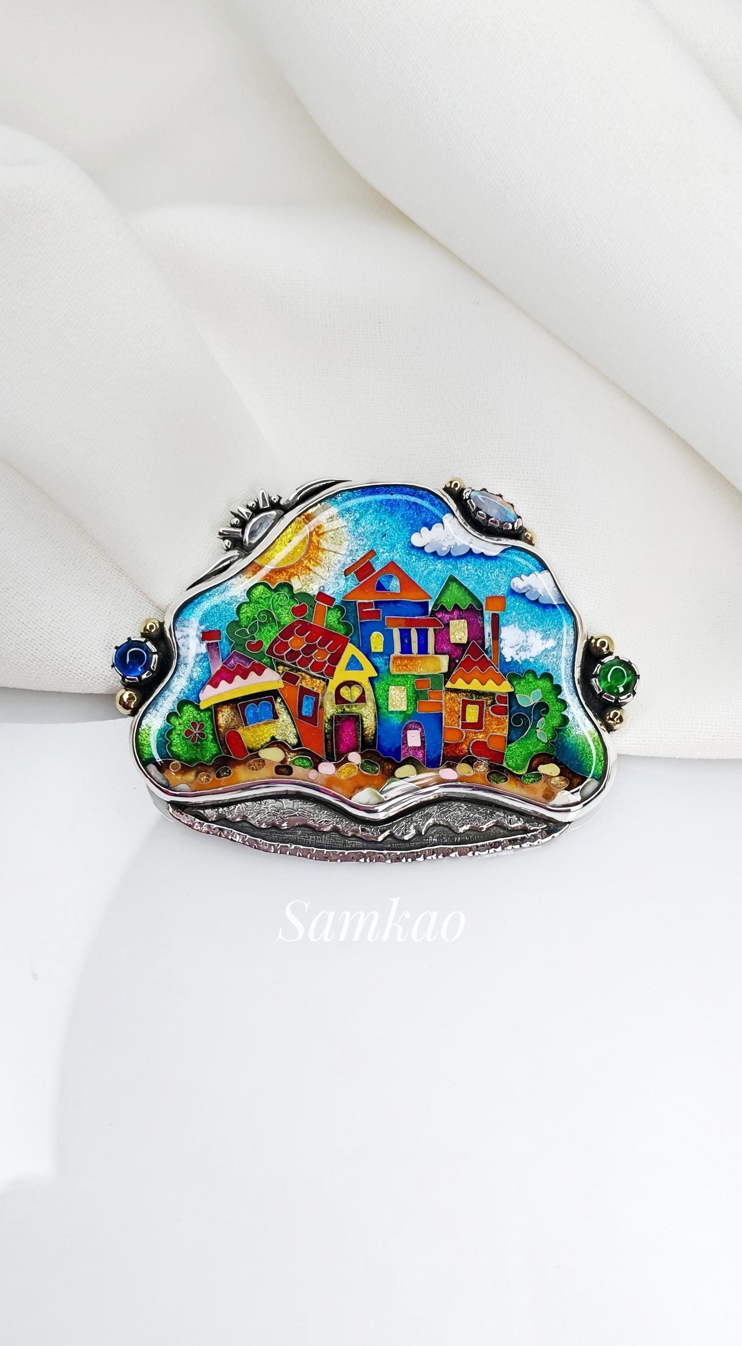 Cloisonne enamel pendant with colorful houses,Sterling silver setting,Handmade unique jewellery