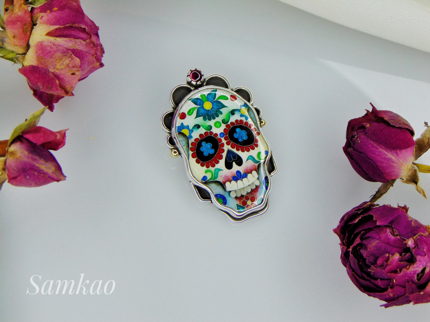 Skull pendant, Calavera skull pendant, Cloisonne enamel, Sterling silver, Sugar skull pendant