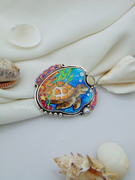 Sea turtle pendant,Georgian cloisonne enamel jewelry,Sterling silver, Moonstone, Mystic topaz,Sea creatures, Turtle jewelry