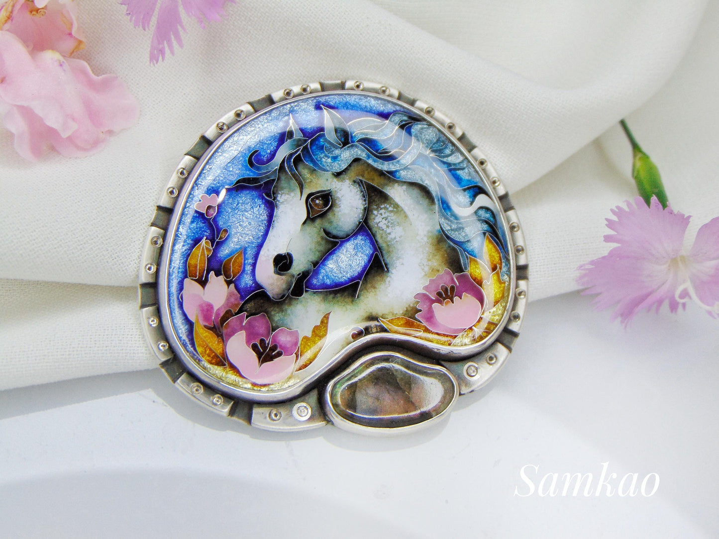 Cloisonné Enamel Horse Pendant with Labradorite – Handmade Silver Necklace – Equestrian Jewelry – Artisan Statement Pendant – One of a Kind