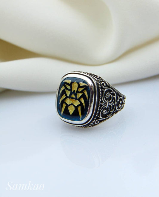 Cloisonne enamel ring for man,Hand made man ting,Sterling silver unique ring, Antique mens ring,Lion head ring,Gift for him,Silver 925 ring