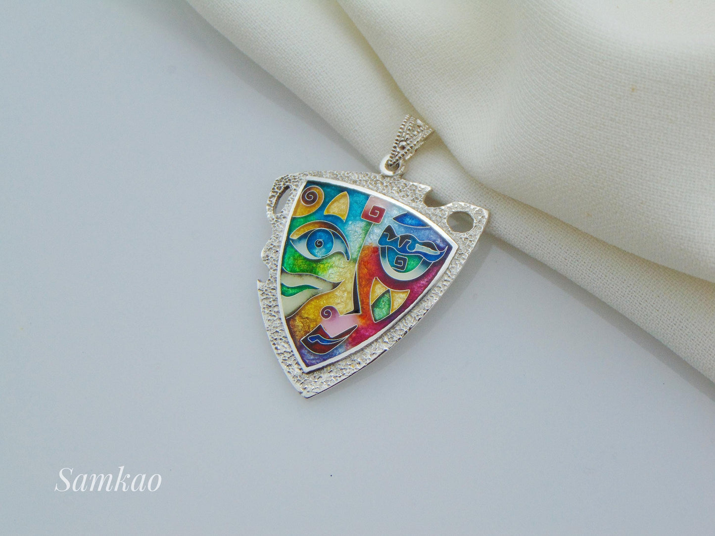 Cloisonne enamel pendant mask,Theatrical Mask, Venetian Mask,Gift for Actor, Theater Gift, Picasso inspired silver 999 pendant, Gift artist