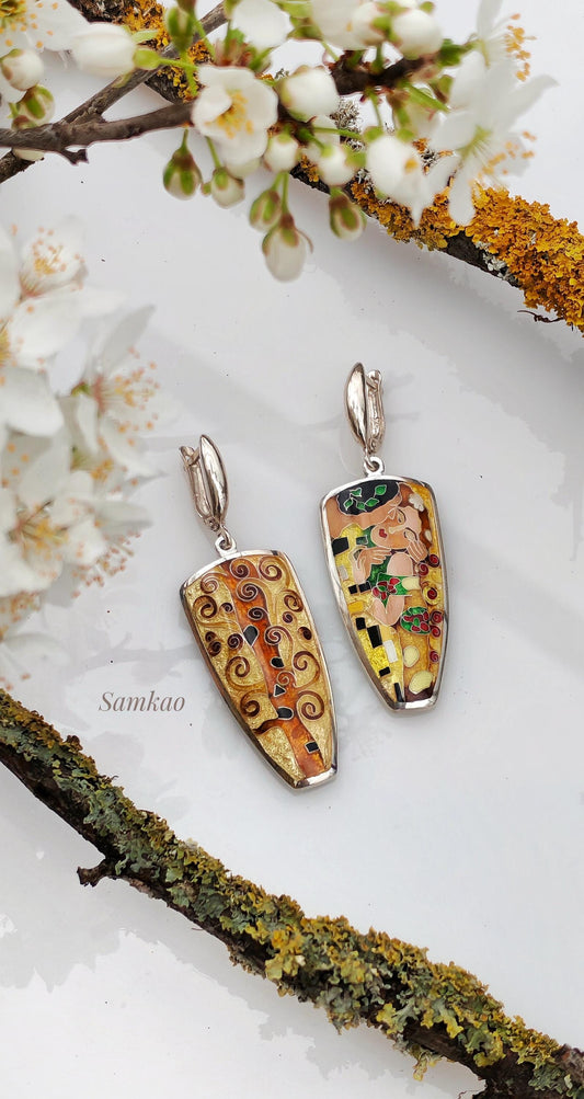 Gustav Klimt ,The kiss jewelry , Earrings with Art,Cloisonne enamel jewelry, Sterling silver 999, Gift for her