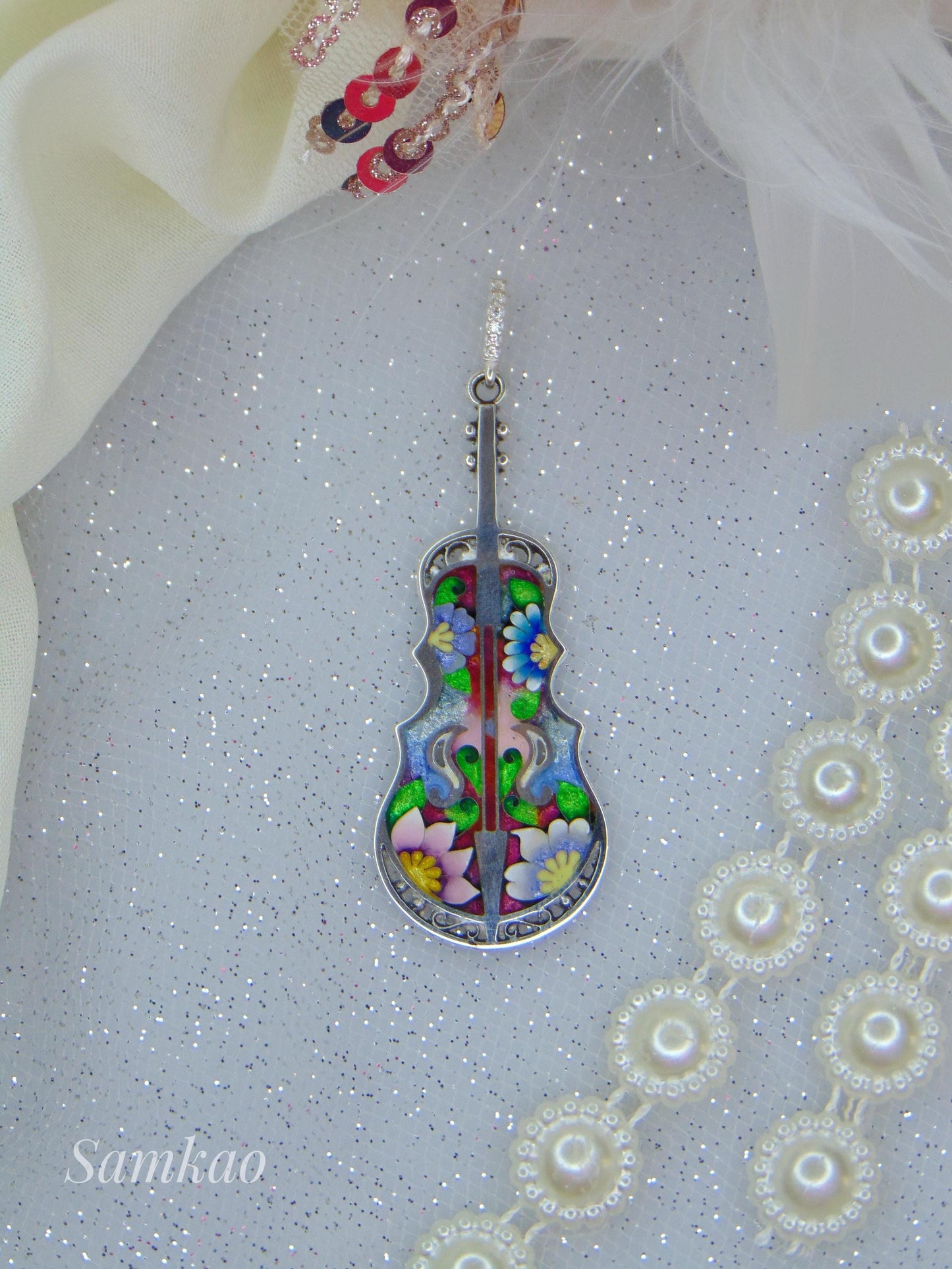 Violin pendant,Cello Pendant,Georgian Cloisonne Enamel,Fine Silver,Violin Brooch,Musical Instrument Jewelry,Gift For Musician