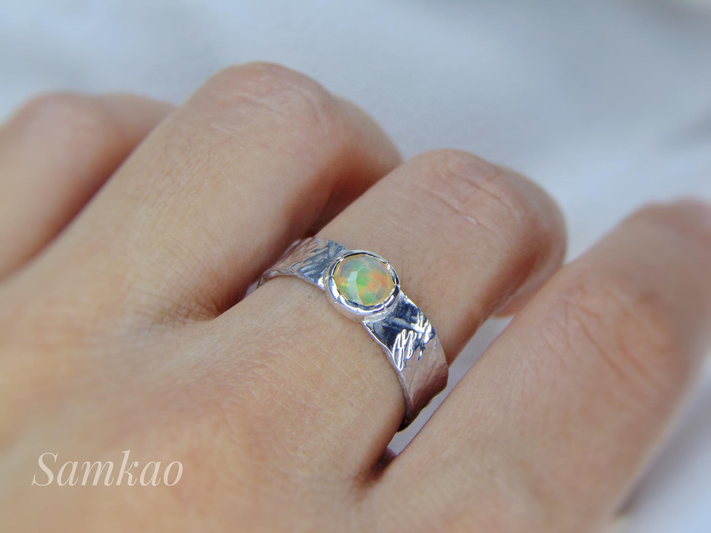 Handmade Silver Ring with Ethiopian Opal, Size 20 (EU) / 10 (US), Unique Gift, Natural Gemstone