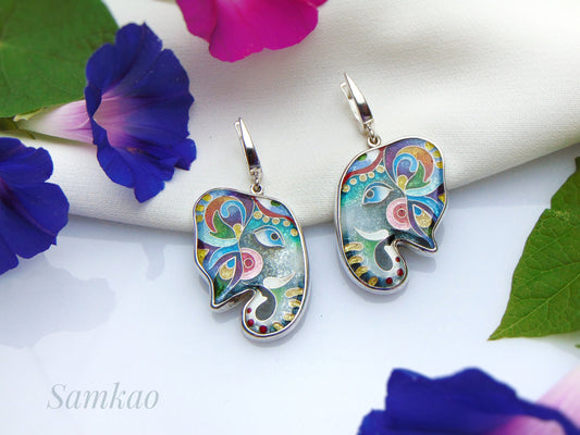Elephant earrings,Cloisonne enamel,Sterling silver,Handmade jewelry,Silver 950,Gift for her,Elephant jewelry, Silver Animal Earrings
