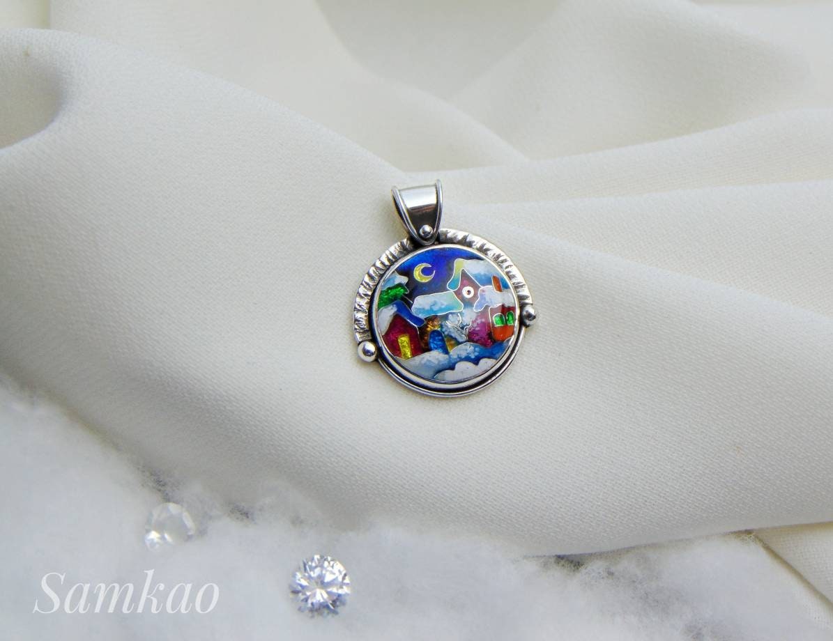 Snowy house pendant,Cloisonne enamel jewelry,Sterling silver, Christmas houses pendant, Handmade jewelry