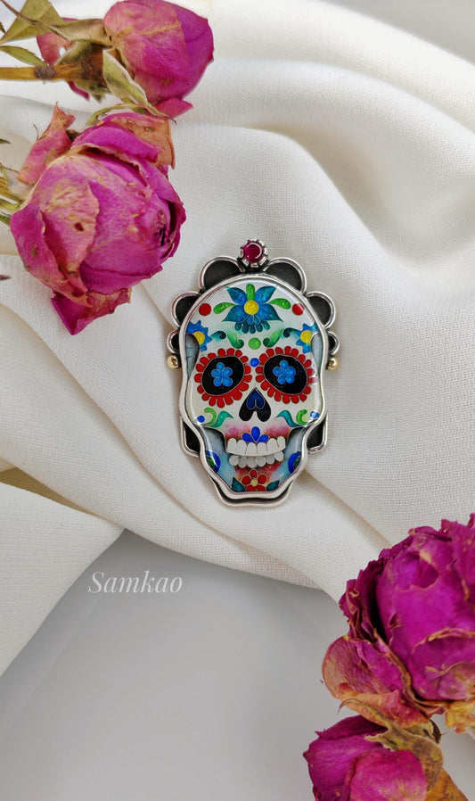 Skull pendant, Calavera skull pendant, Cloisonne enamel, Sterling silver, Sugar skull pendant