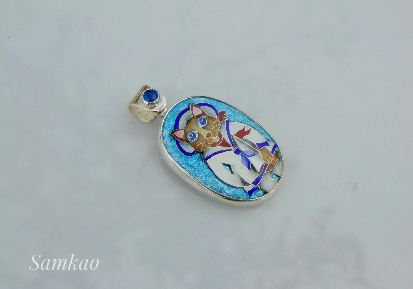 Cloisonné Enamel Cat Sailor Pendant – Silver Frame with Blue Gemstone – Handmade Enamel Jewelry