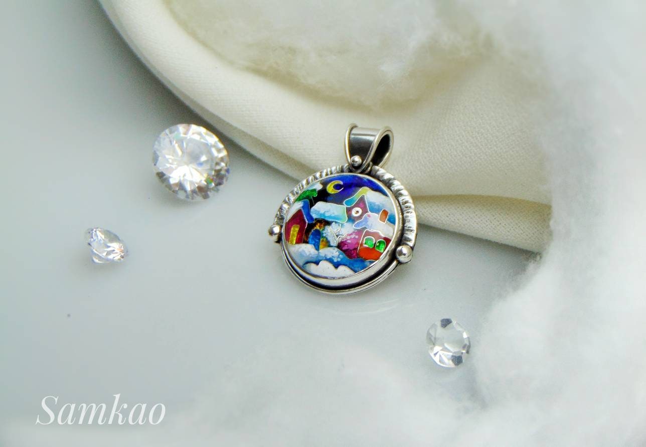 Snowy house pendant,Cloisonne enamel jewelry,Sterling silver, Christmas houses pendant, Handmade jewelry