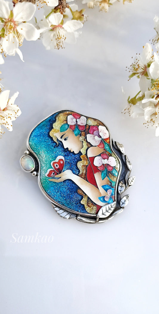Lady with Butterfly - Georgian Cloisonné Enamel Pendant