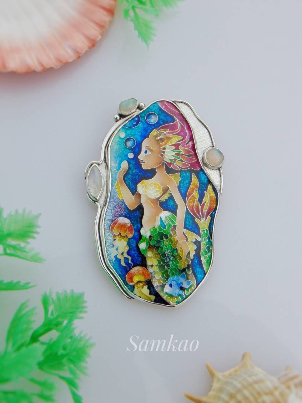 Mermaid pendant,Cloisonne enamel,Handmade jewelry,Sterling silver,Ethiopian opals,Moonstone,Ocean jewelry,Mermaid jewelry
