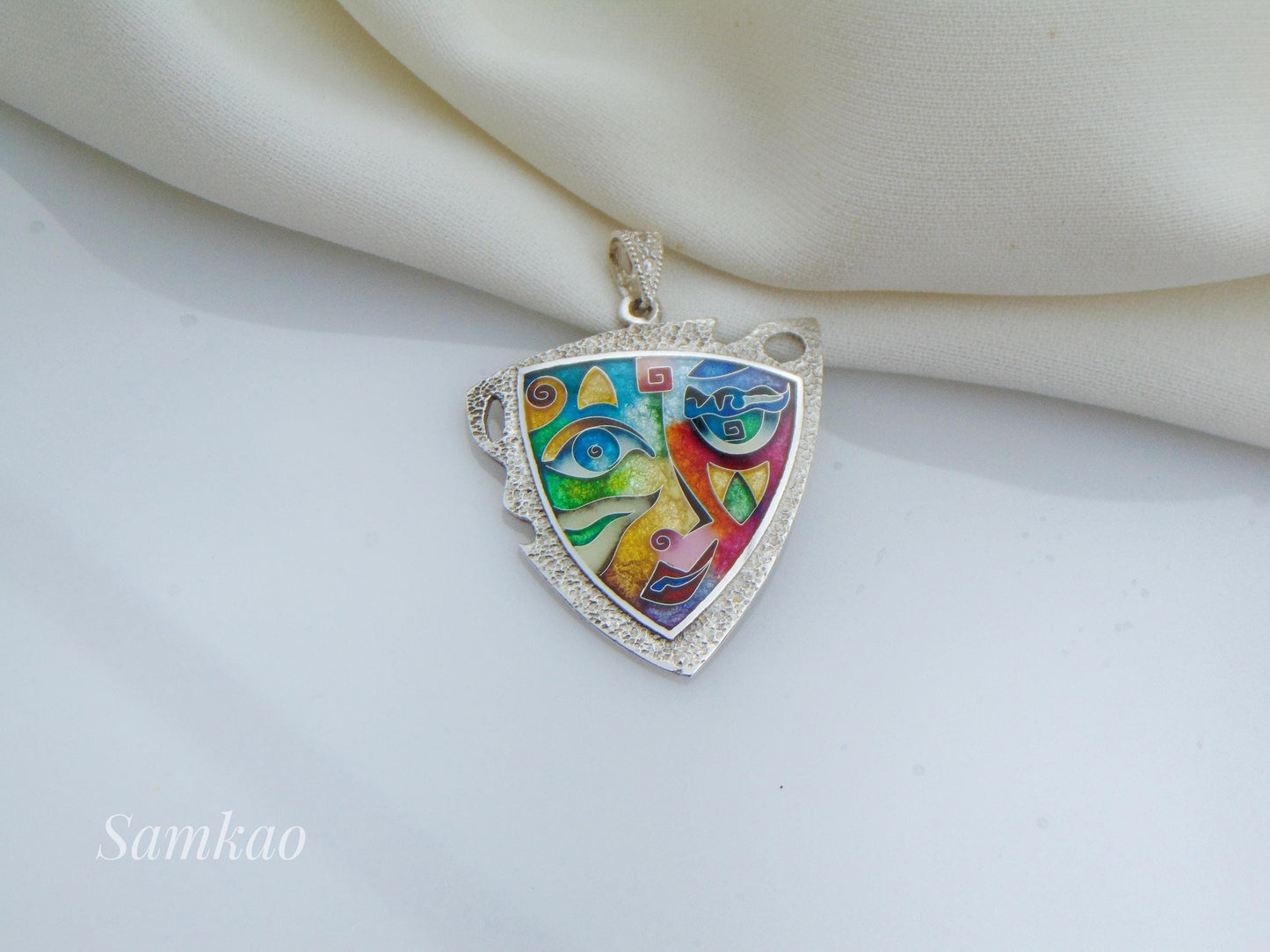 Cloisonne enamel pendant mask,Theatrical Mask, Venetian Mask,Gift for Actor, Theater Gift, Picasso inspired silver 999 pendant, Gift artist
