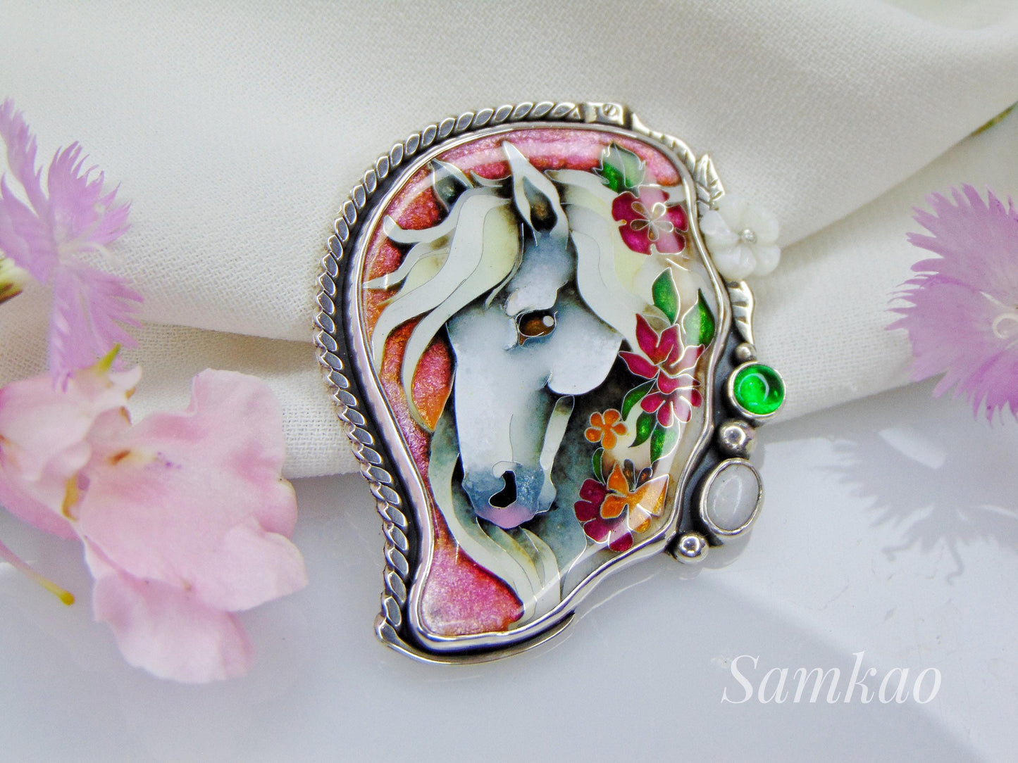 Enamel Horse Pendant – Cloisonné Enamel Art, 950 Silver, Moonstone, Chrysoprase, Mother-of-Pearl Flower