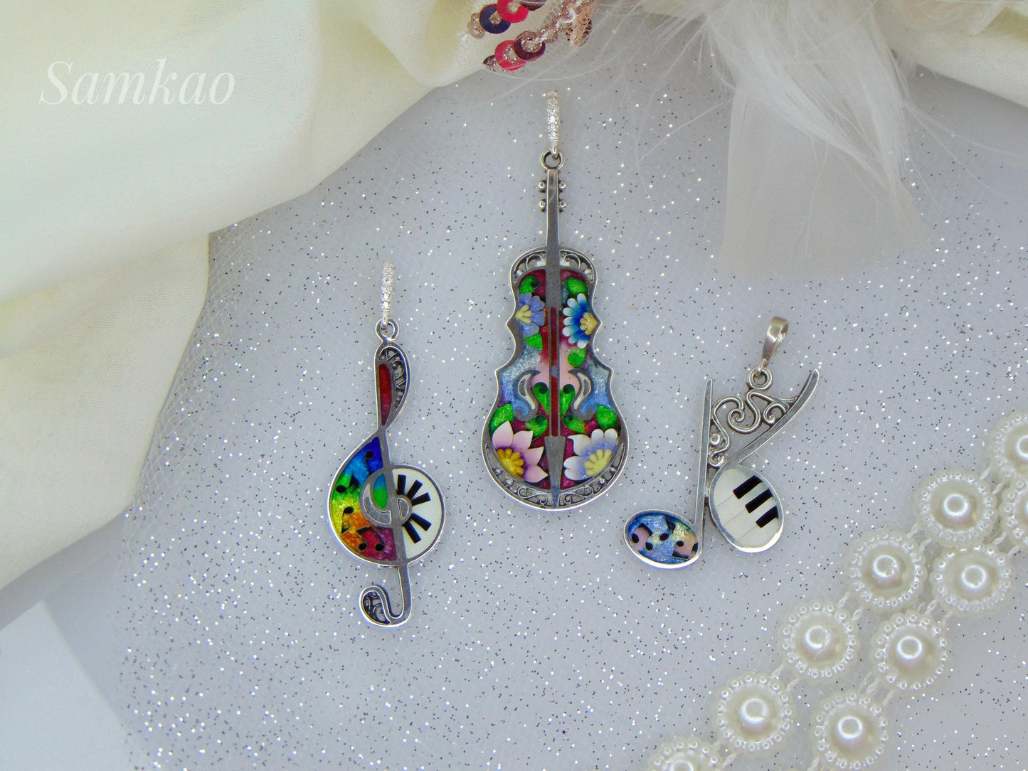 Violin pendant,Cello Pendant,Georgian Cloisonne Enamel,Fine Silver,Violin Brooch,Musical Instrument Jewelry,Gift For Musician