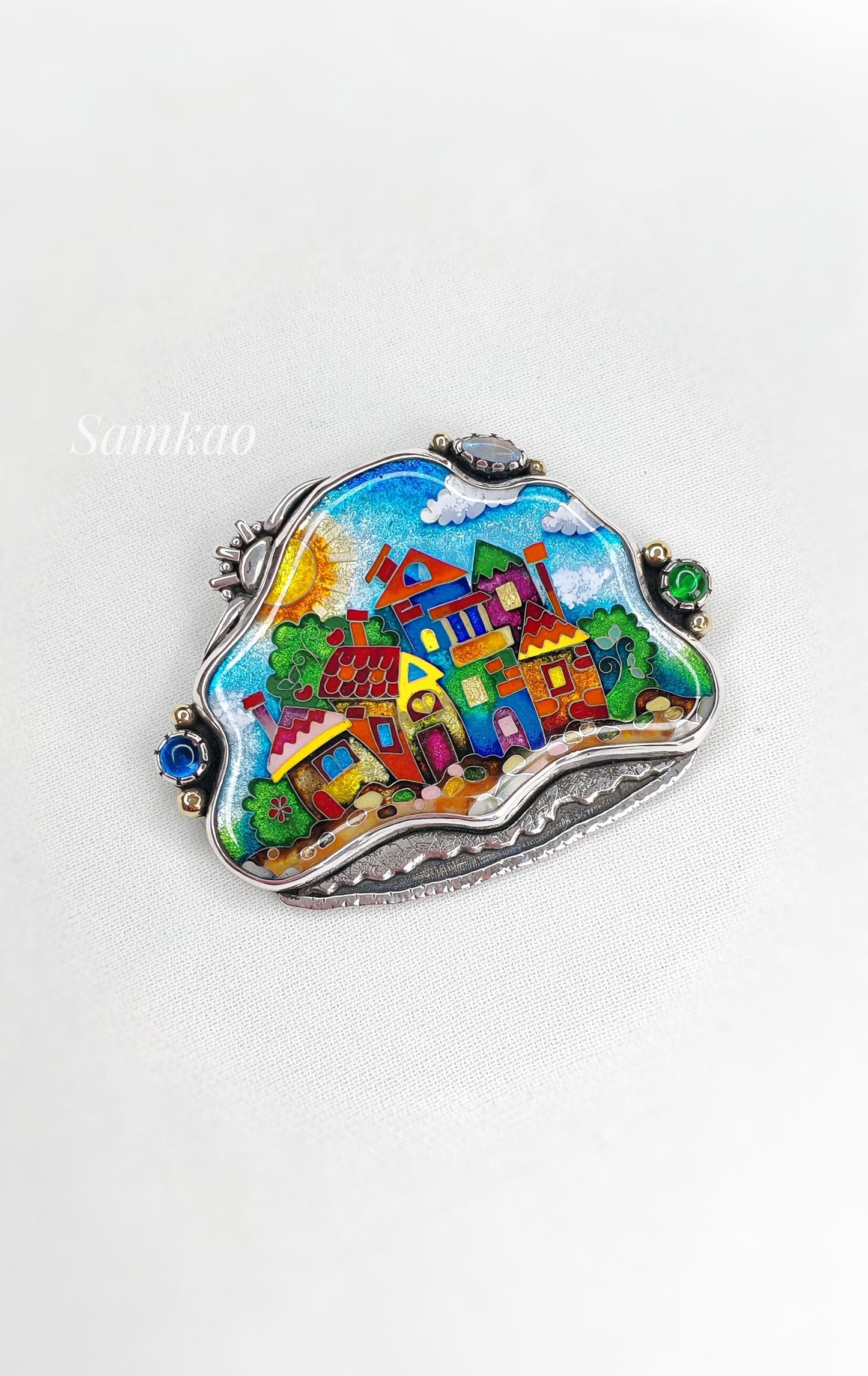 Cloisonne enamel pendant with colorful houses,Sterling silver setting,Handmade unique jewellery