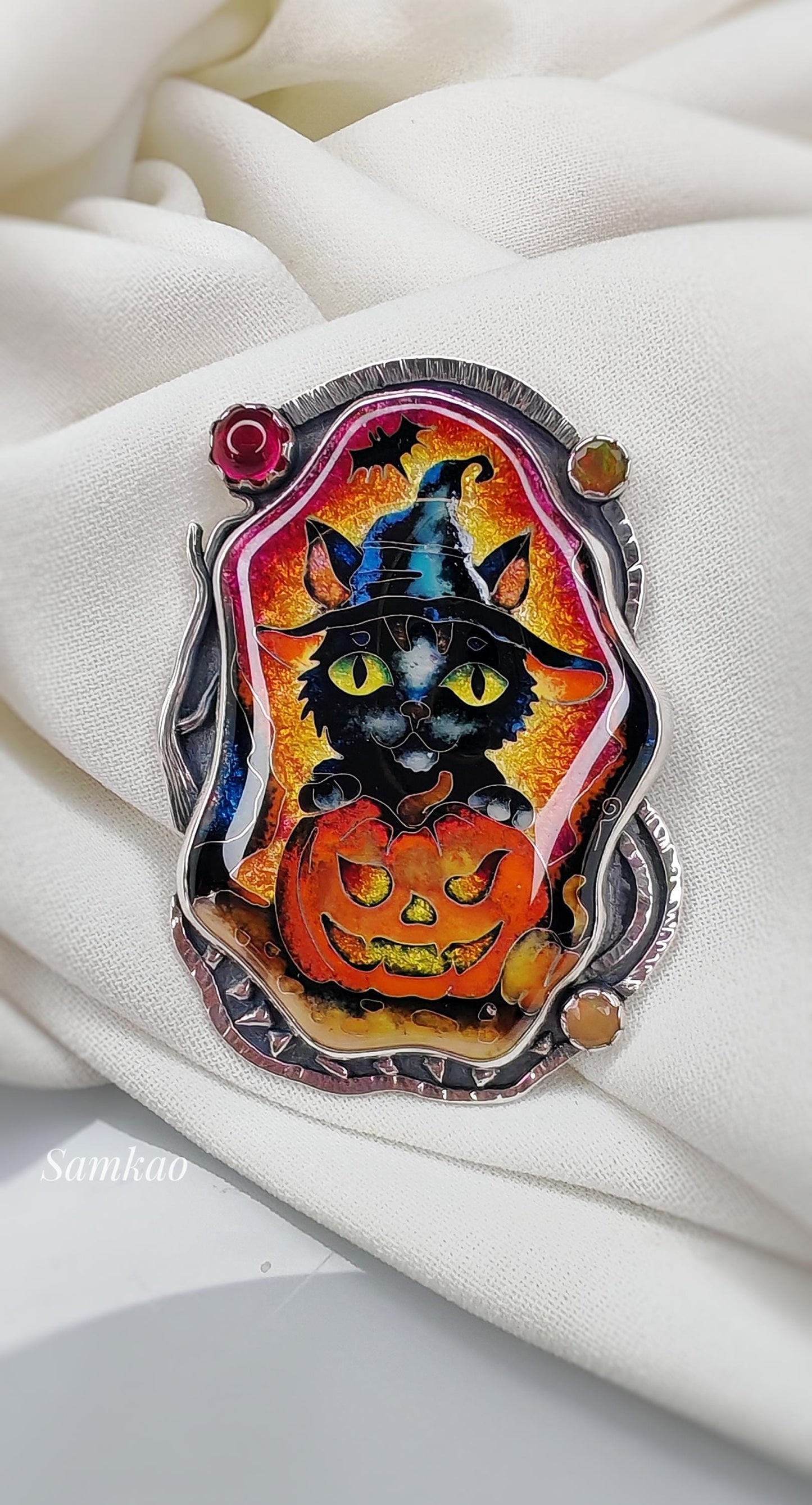 Halloween black witch cat with pumpkin, Cloisonne enamel pendant,Sterling silver, Opals,Handmade jewelry