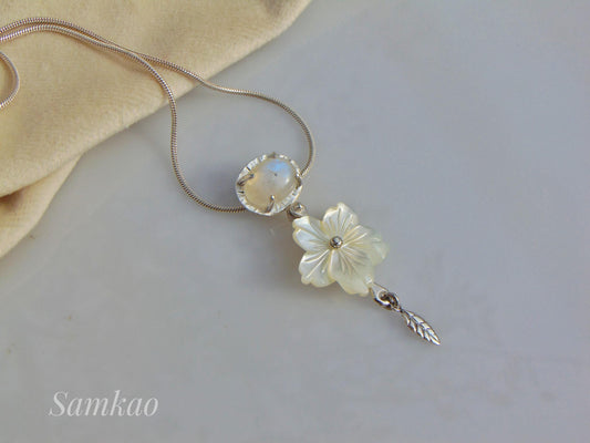 Unique Handmade Silver Pendant with Moonstone & Mother of Pearl Flower