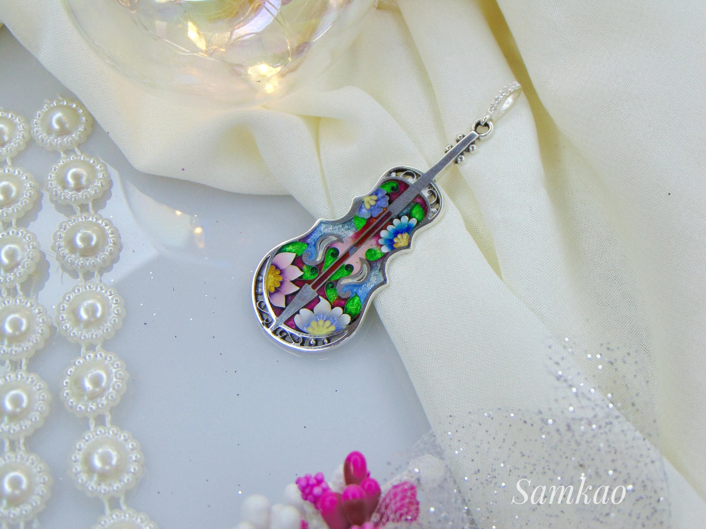 Violin pendant,Cello Pendant,Georgian Cloisonne Enamel,Fine Silver,Violin Brooch,Musical Instrument Jewelry,Gift For Musician