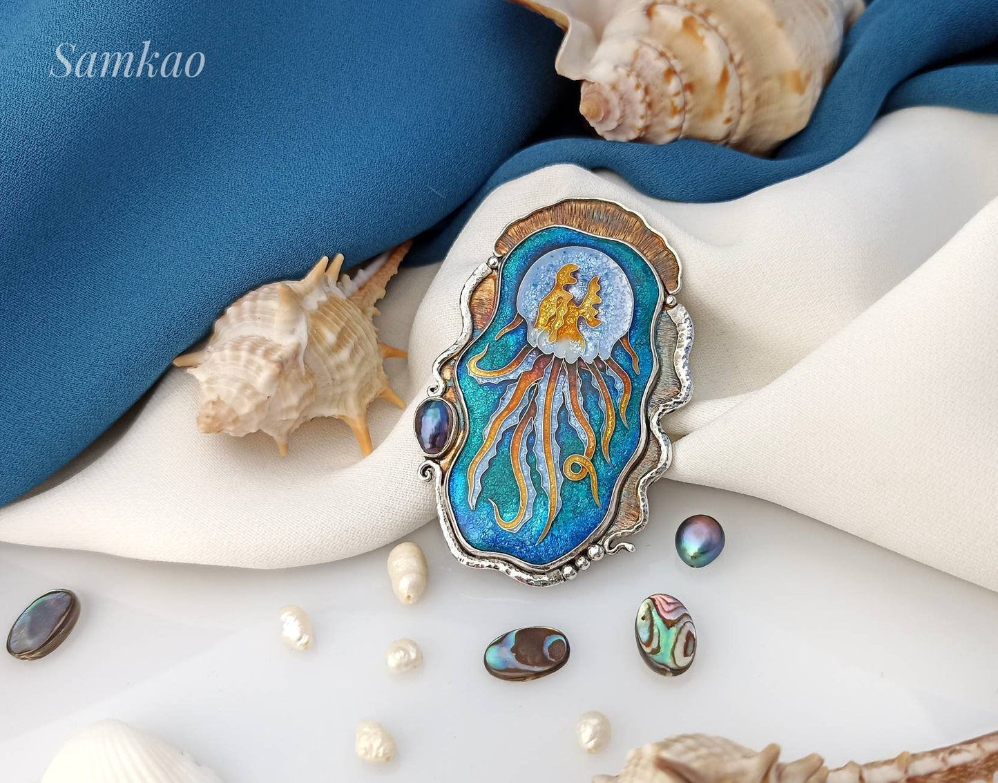 Jellyfish Brooch-pendant,Cloisonne Enamel Pendant,Handmade Sterling Silver jewelry,Sea Creatures jewelry, Mermaid jewelry,Black pearl