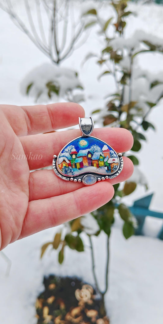 Snowy houses pendant,Christmas jewelry,Sterling silver,Georgian cloisonne enamel,Vitreous enamel,Moonstone pendant,Glass enamel