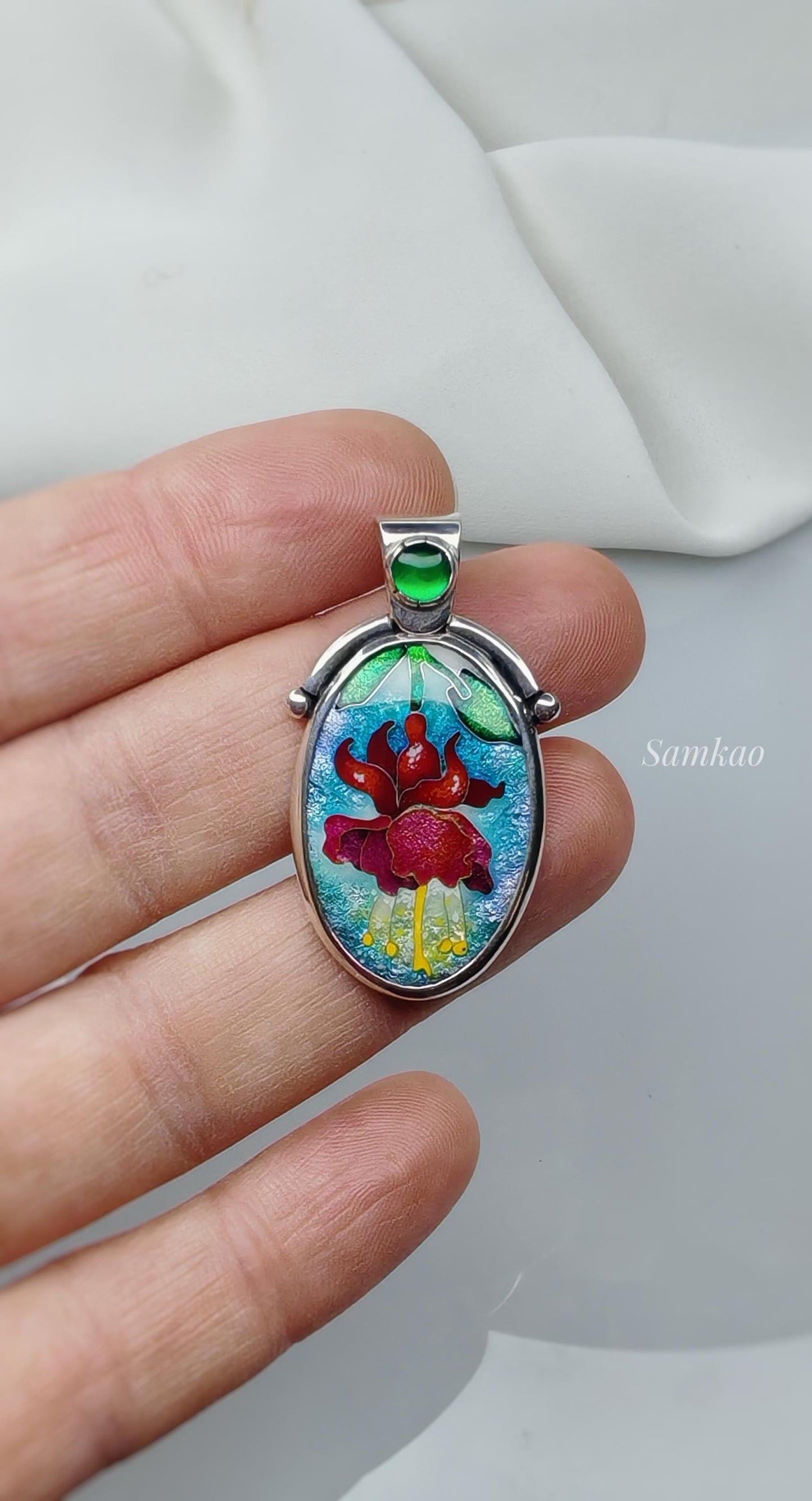 Fuchsia flower pendant, Cloisonne enamel jewelry,Sterling silver, Green gemstone